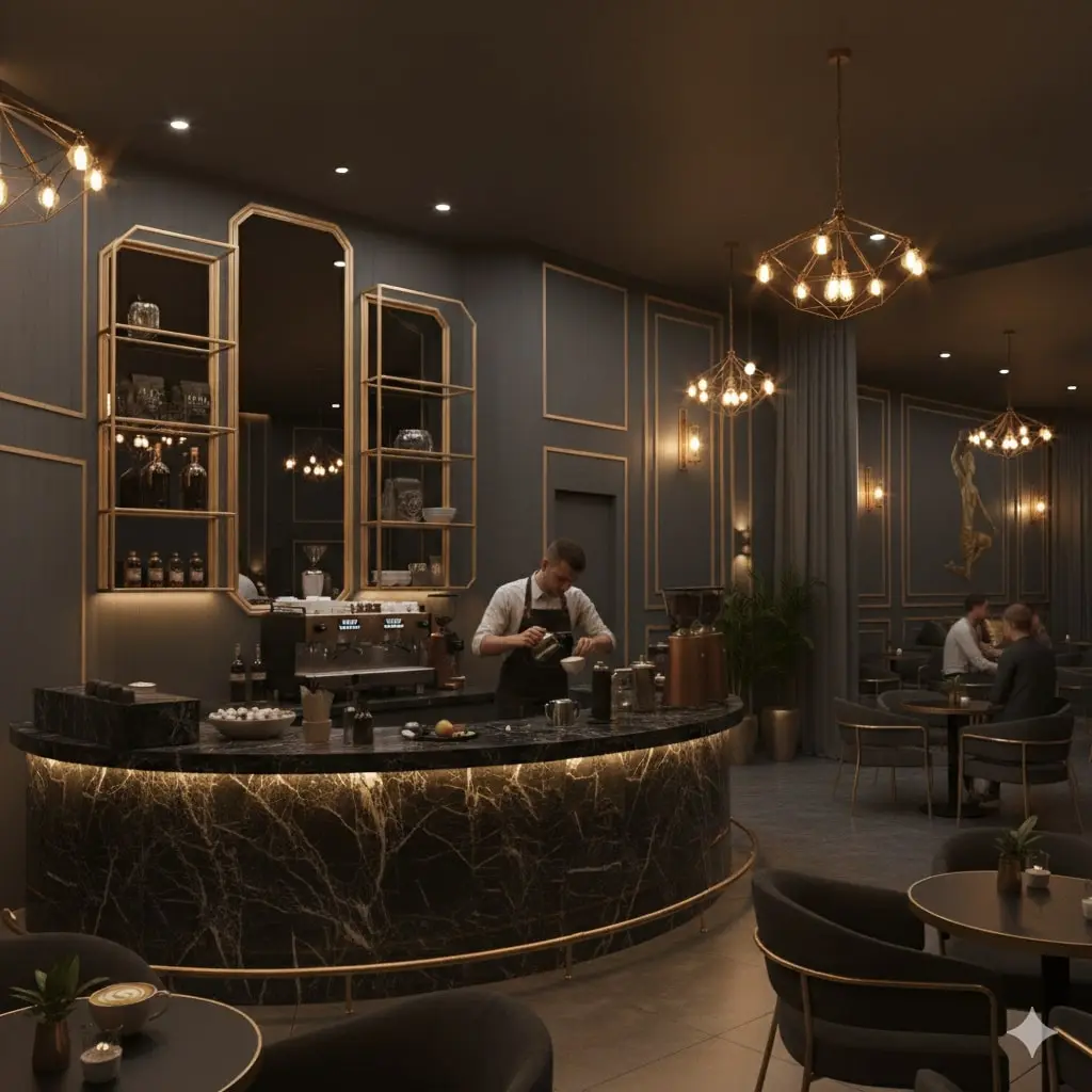 Barista preparing organic coffee with gold-accented equipment