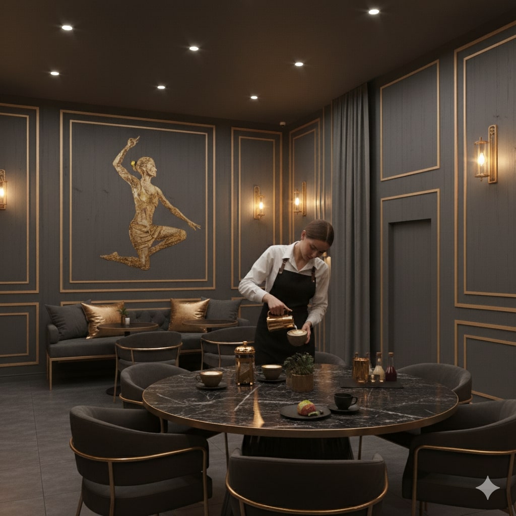 Barista preparing organic coffee with gold-accented equipment