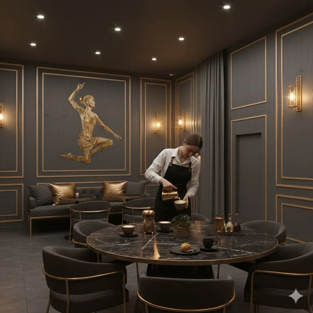 Barista preparing organic coffee with gold-accented equipment