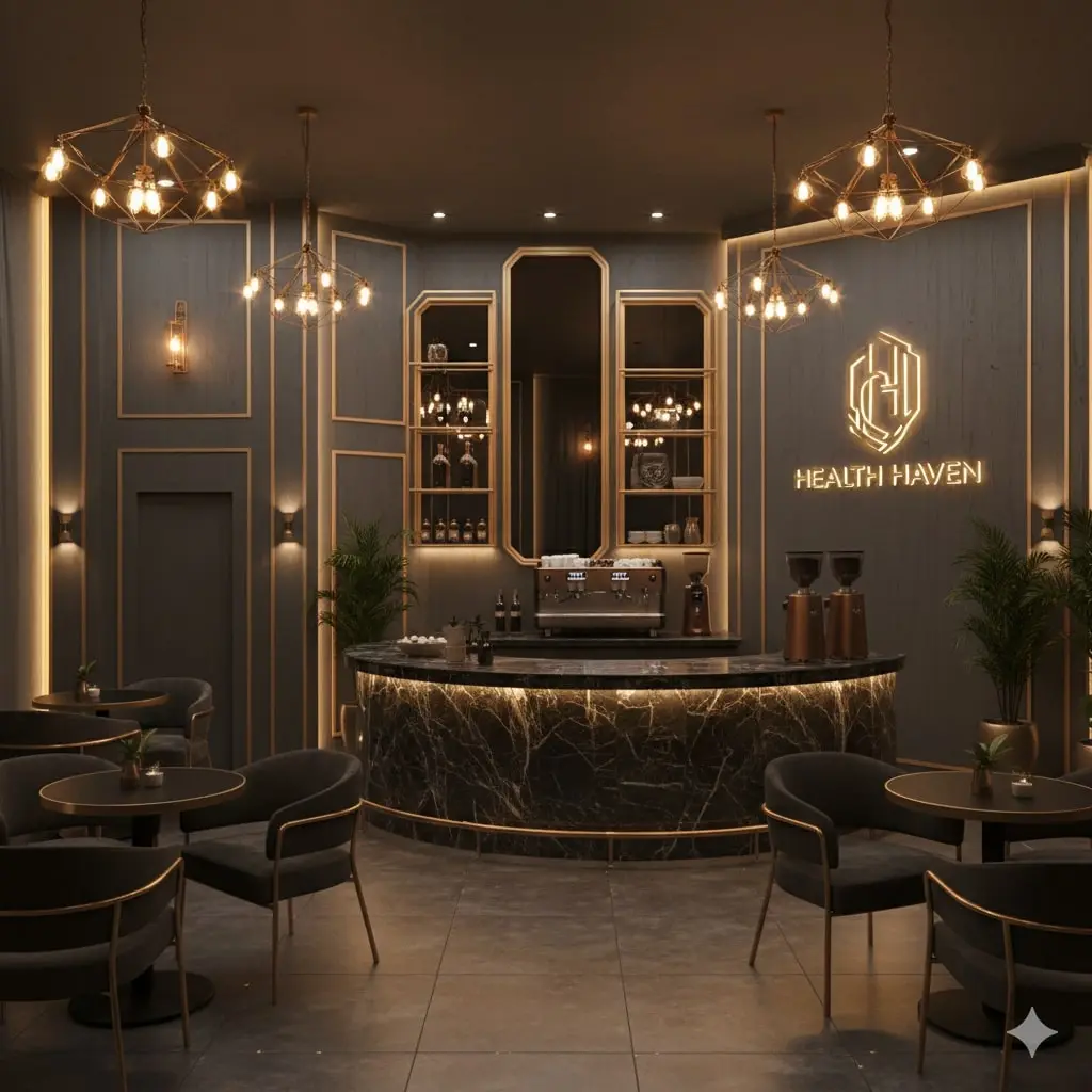 Interior of the Aura Café with warm golden lighting and cozy seating areas