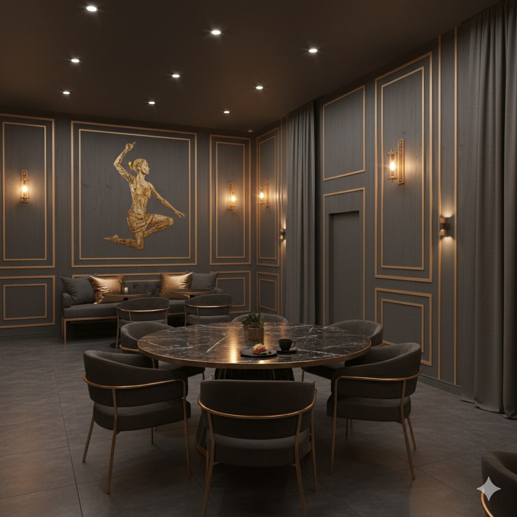 Interior of the Aura Café with warm golden lighting and cozy seating areas