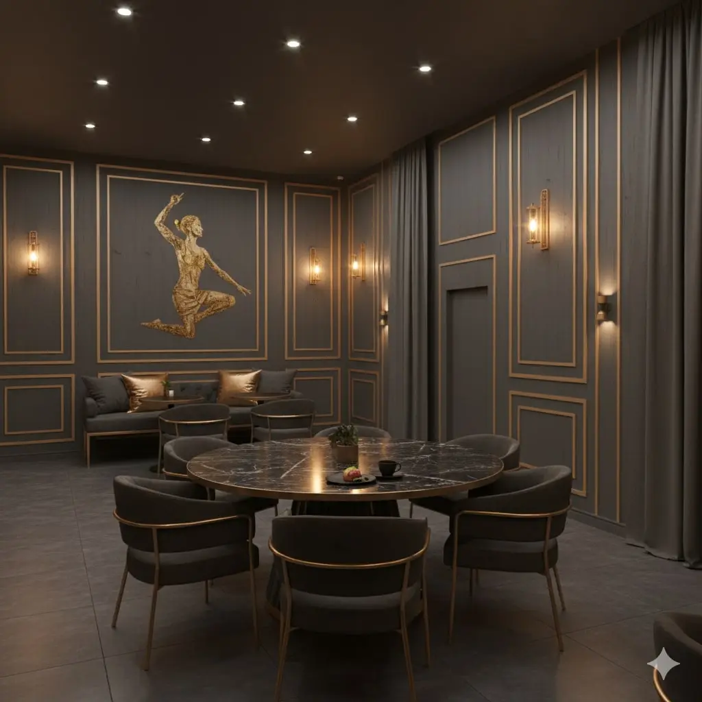 Interior of the Aura Café with warm golden lighting and cozy seating areas