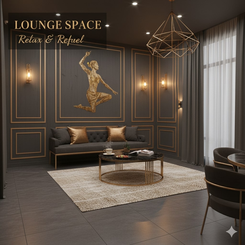 Café lounge with plush seating, plants, and soft lighting