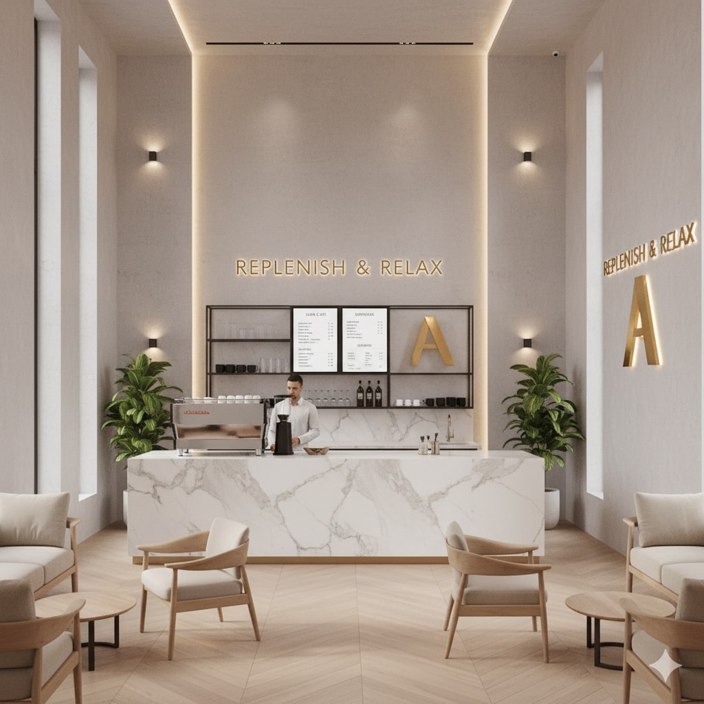 Elegant cafeteria with golden lighting, modern seating, and a wellness-inspired healthy dining atmosphere