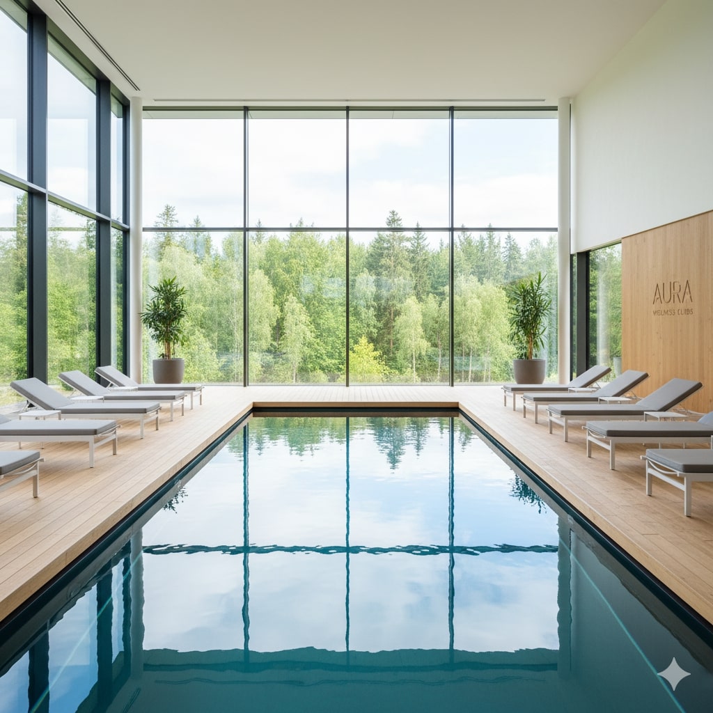 Modern yoga studio with golden ambient lighting, wooden floors, and serene atmosphere